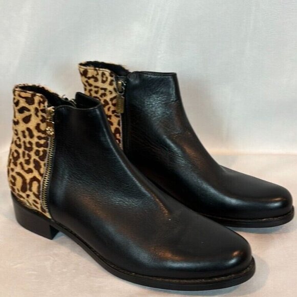 Blondo Women's Cheeta Print Acent Aqua protected Black Leather Booties Size 9 - Picture 1 of 13